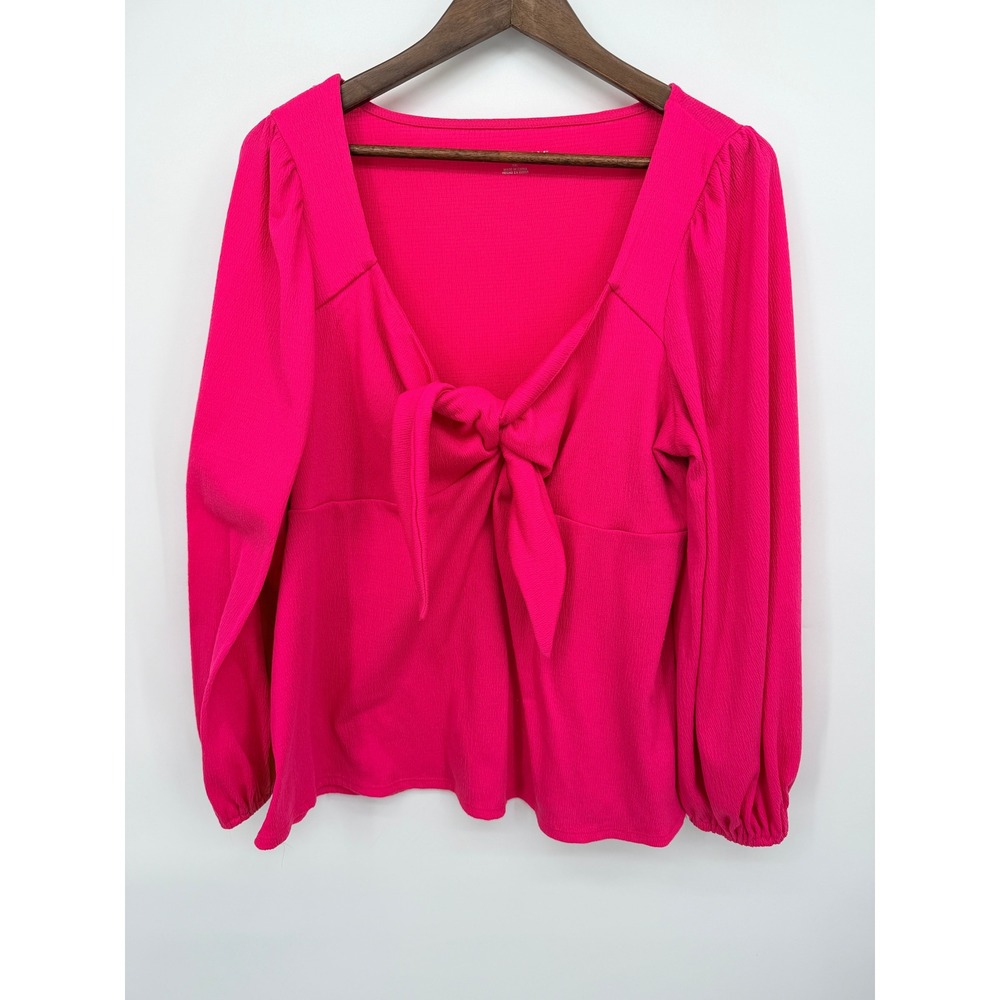 Ava & Viv Blouse Womens XXL Hot Pink Good Tie Front Puff Sleeve Crepe Top